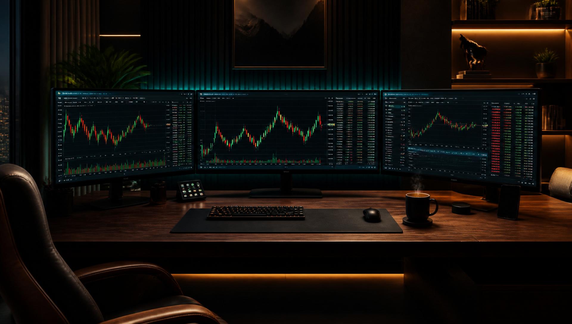 Premium trading desk with multiple monitors displaying candlestick charts