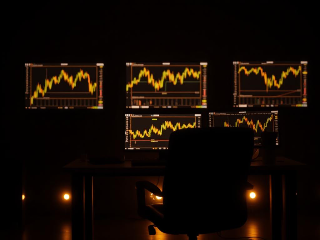 A silhouetted trading desk at night with golden candlestick charts glowing on three monitors