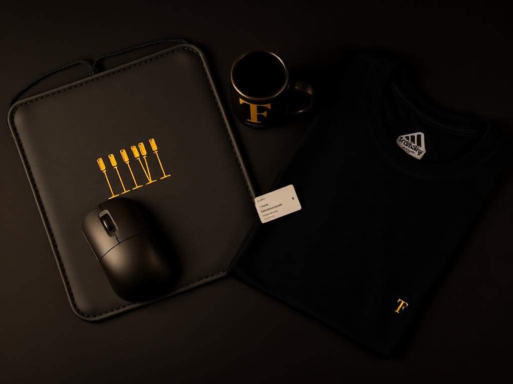 Overhead flat lay of the first Tradify mousepad, mug and t-shirt with a shipping label
