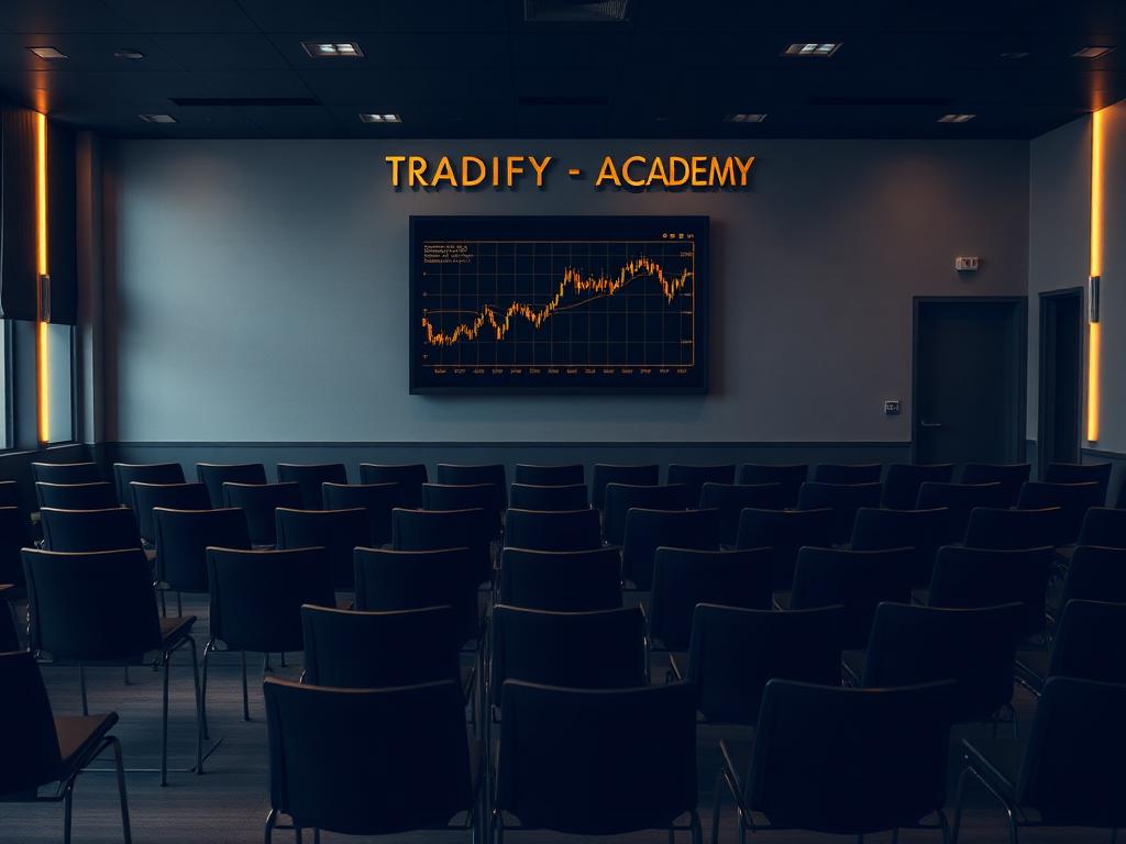 Empty Tradify Academy classroom with a golden candlestick chart on a wall-mounted screen