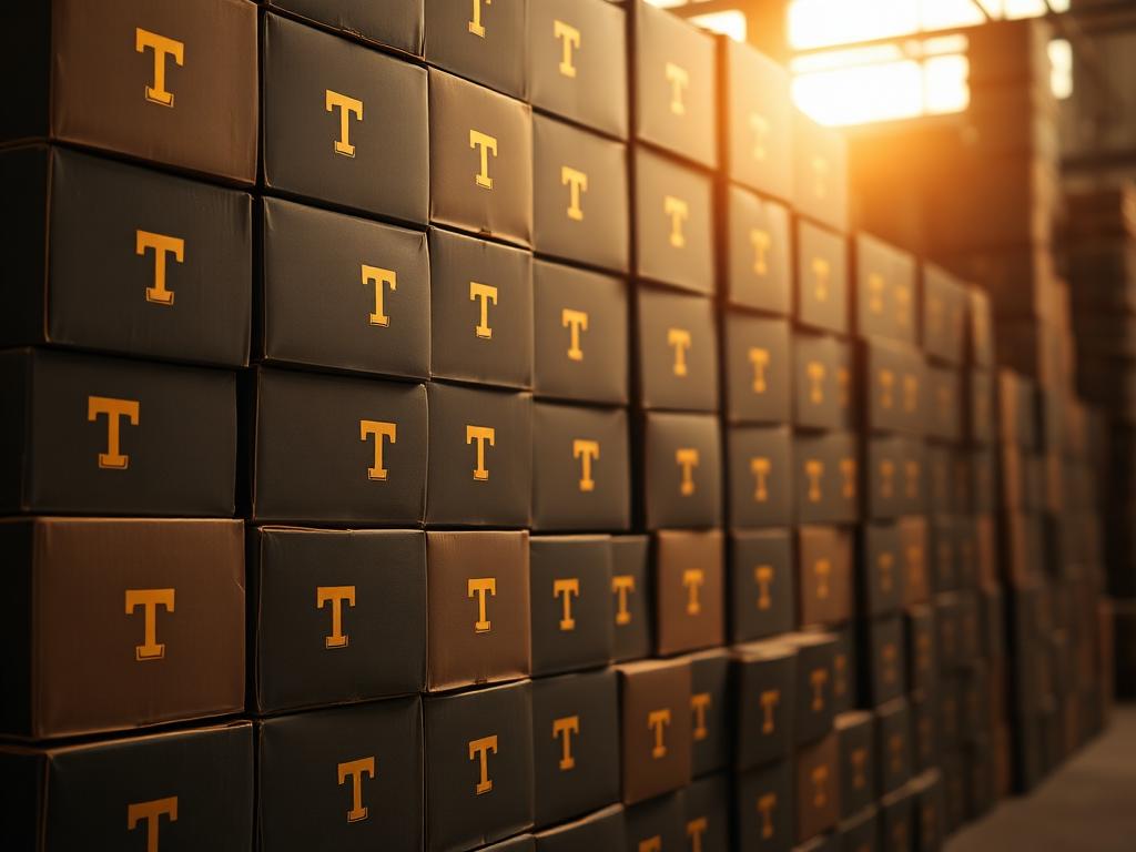 Wall of black shipping boxes stamped with a gold Tradify T logo, backlit by warm light
